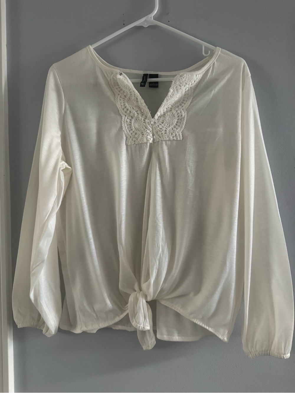 New Directions Ivory Lace Tie Front Long Sleeve Blouse Small